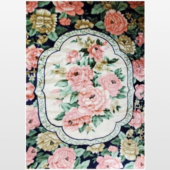 Vintage Blanket Queen Blue Reversible Pink Floral Heavy Weight Bedspread - Picture 2 of 16